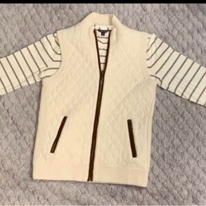 Women’s size large Brooks Brothers Cream Quilted Zip Up Vest and striped shirt